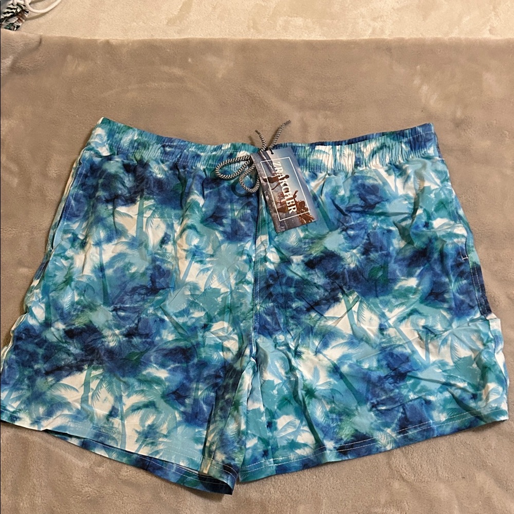 Blue Palm Print Men's Swim Trunks